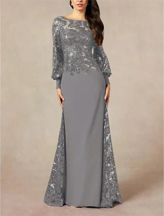 A-Line Mother of the Bride Dress Formal Wedding Guest Elegant Jewel Neck Floor Length Chiffon Sequined Long Sleeve with Sequin Sparkly