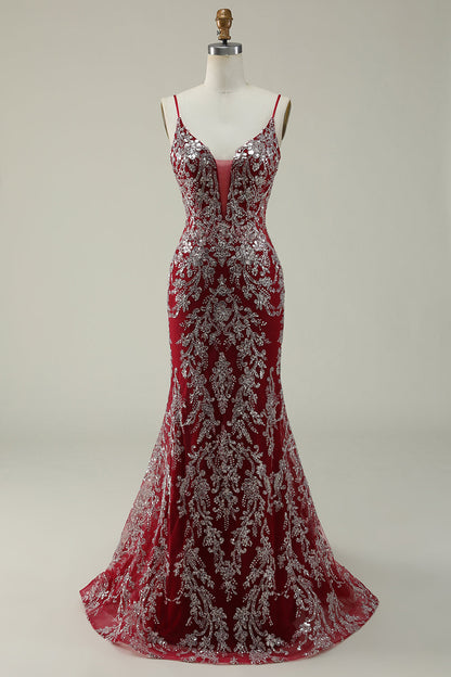 Mermaid Spaghetti Straps Burgundy Long Prom Dress with Bronzing Open Back Sparkly
