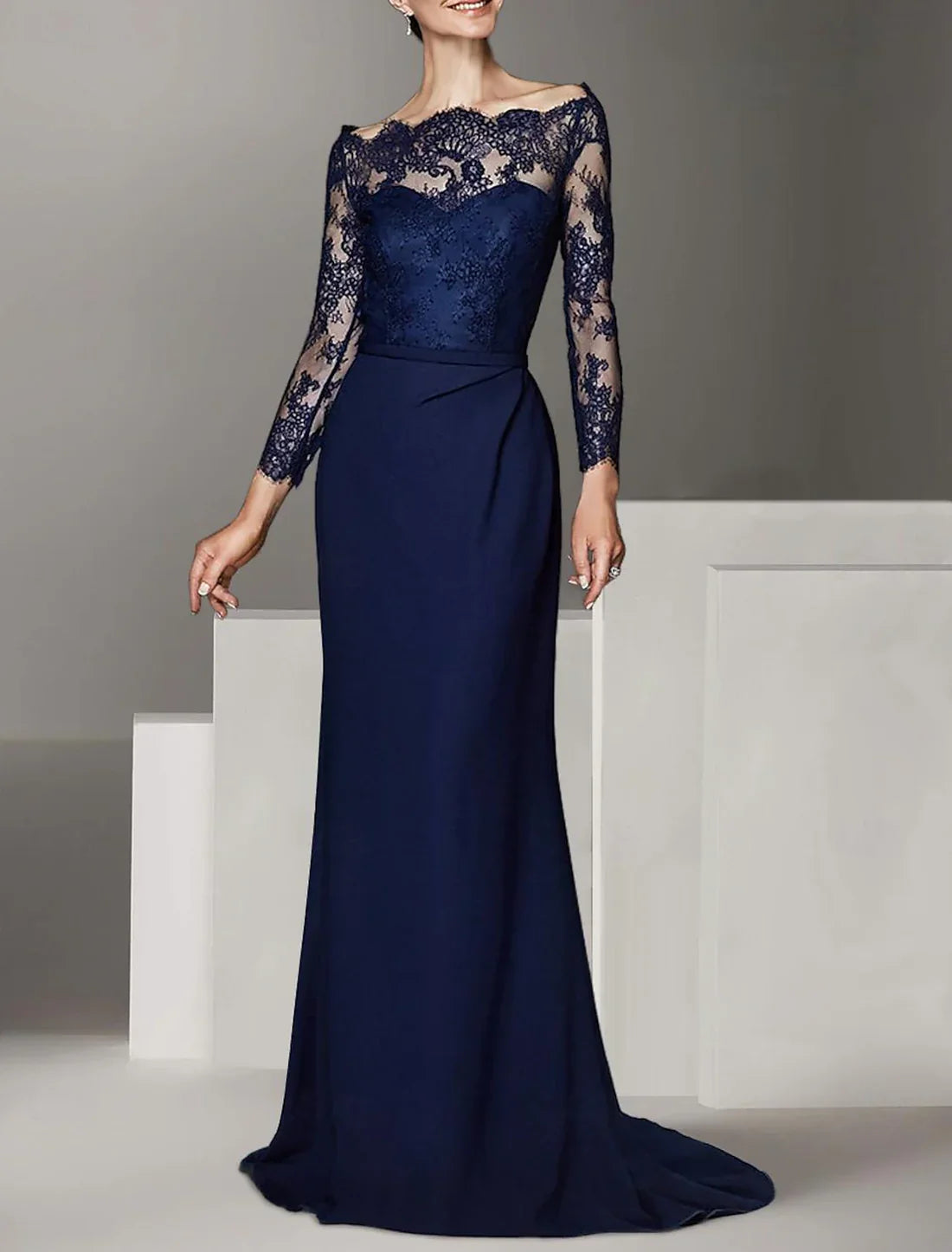 Mermaid / Trumpet Mother of the Bride Dress Formal Wedding Guest Elegant Off Shoulder Floor Length Lace Stretch Chiffon Long Sleeve with Lace