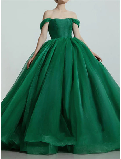 Ball Gown Prom Dresses Luxurious Dress Quinceanera Prom Sweep / Brush Train Short Sleeve Off Shoulder Organza with Sleek Pleats Elegant