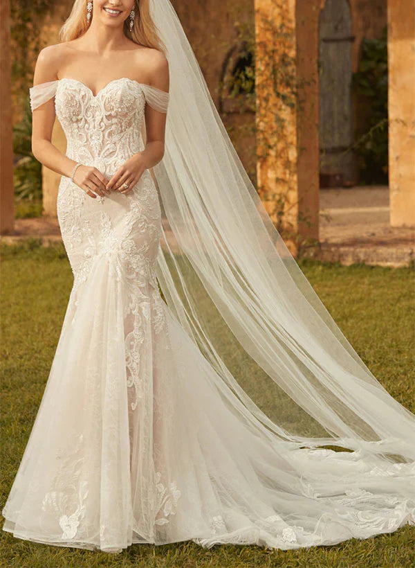 Off The Shoulder Lace Mermaid Wedding Dress Floor Length Elegant Beautiful