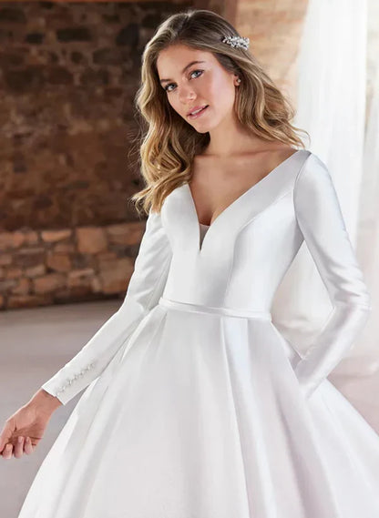 Ball-Gown Long Sleeves Wedding Dresses With Satin Open Back V-neck Floor Length Elegant