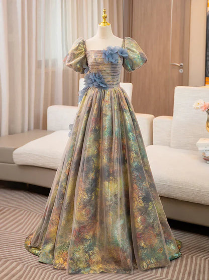 A-Line Puff Sleeves Gold Long Prom Dress Quinceanera Dress With Flower Elegant