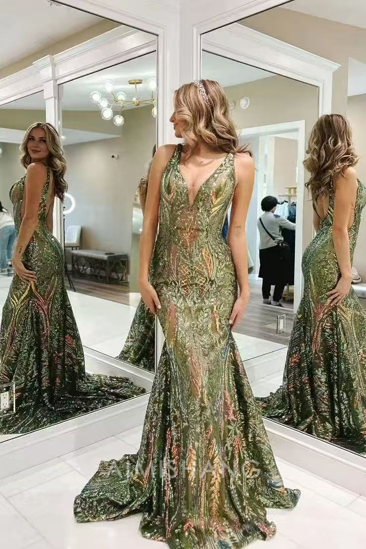 Aimishang Mermaid V Neck Blue Sequin Long Prom Dresses Formal Women's Dresses Charming Evening Party Dress