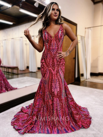 Aimishang Mermaid V Neck Blue Sequin Long Prom Dresses Formal Women's Dresses Charming Evening Party Dress