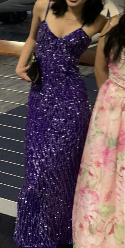 Aimishang Elegant Formal Women's Dresses Spaghetti Straps Purple Sequin Long Prom Dress Sheath Evening Dress