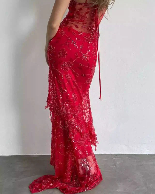 Aimishang Elegant Formal Dress Gowns Sheath Spaghetti Straps Red Sparkly Long Prom Dresses Charming Evening Party Dress