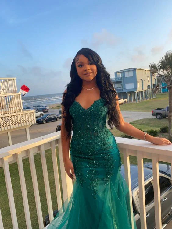 Wholesale Dark Green Mermaid Tulle Lace Prom Dress Winter Formal Gown Charming Evening Dress