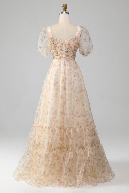 A-Line Prom Dress Square Neck Floor Length With Short Sleeves Elegant Evening Party Dress Formal Dress