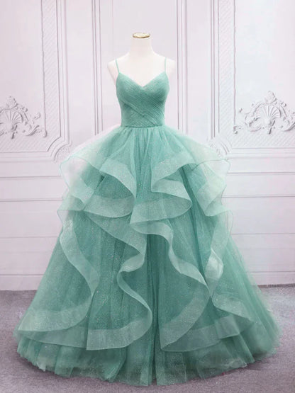 Sparkling Quinceanera Dress V Neck Tulle Long Prom Dress Green Sweet Dress Floor Length