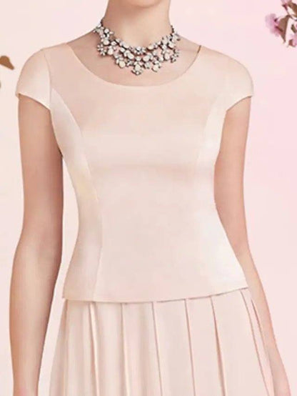 A-Line Mother of the Bride Dress Elegant Jewel Neck Knee Length Chiffon Satin Sleeveless with Pleats - RongMoon