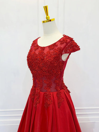A-Line Scoop Neckline Satin Lace Burgundy Long Prom Dress Formal Dress Short Sleeves december wedding guest dress