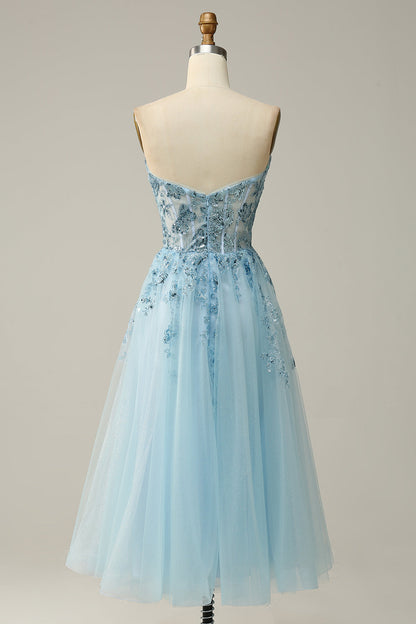 A Line Midi Sweetheart Sequins Sky Blue Prom Dress Off Shoulder Beautiful