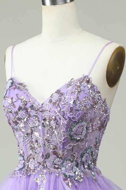 A Line Spaghetti Straps Purple Long Prom Dress with Appliques Beautiful
