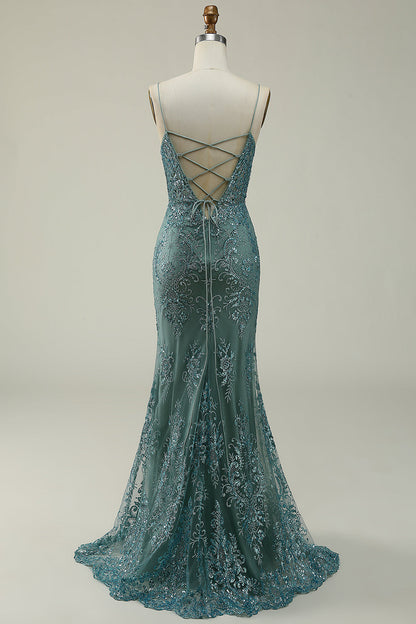 Mermaid Spaghetti Straps Green Long Prom Dress with Split Front Sexy