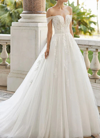 Off-The-Shoulder Ball-Gown Wedding Dresses With Short Sleeves Tulle Lace And Appliques Elegant