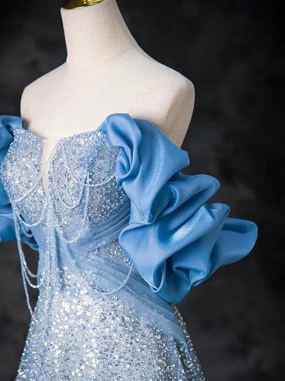 A-Line Off Shoulder Sequin Beads Blue Long Prom Dress Sparkly Evening Dress