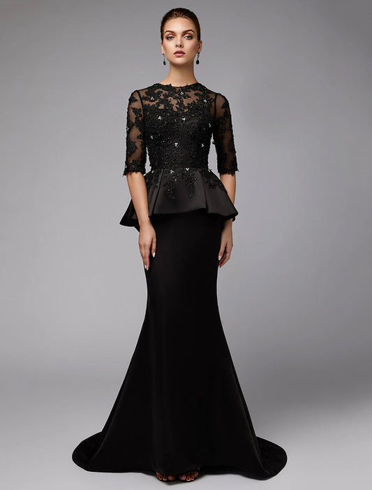 Mermaid / Trumpet Mother of the Bride Dress Sexy See Through Jewel Neck Sweep / Brush Train Satin Lace Half Sleeve with Beading Appliques Elegant