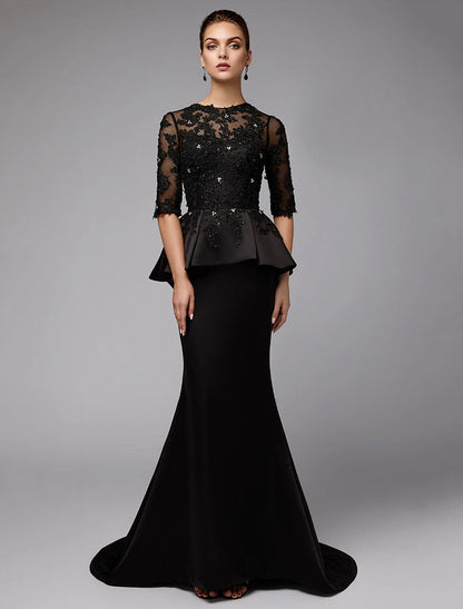 Mermaid / Trumpet Mother of the Bride Dress Sexy See Through Jewel Neck Sweep / Brush Train Satin Lace Half Sleeve with Beading Appliques Elegant