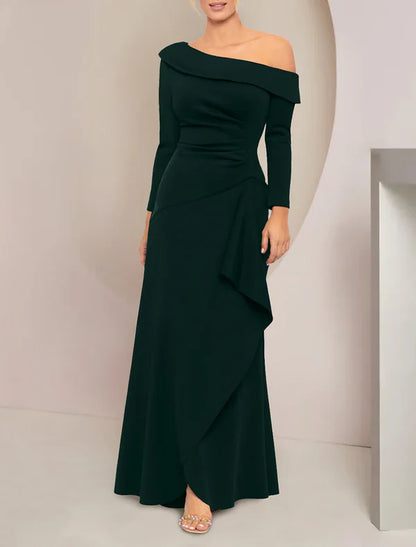 A-Line Mother of the Bride Dress Wedding Guest Elegant Party Off Shoulder Floor Length Stretch Fabric Long Sleeve with Ruffles Ruching