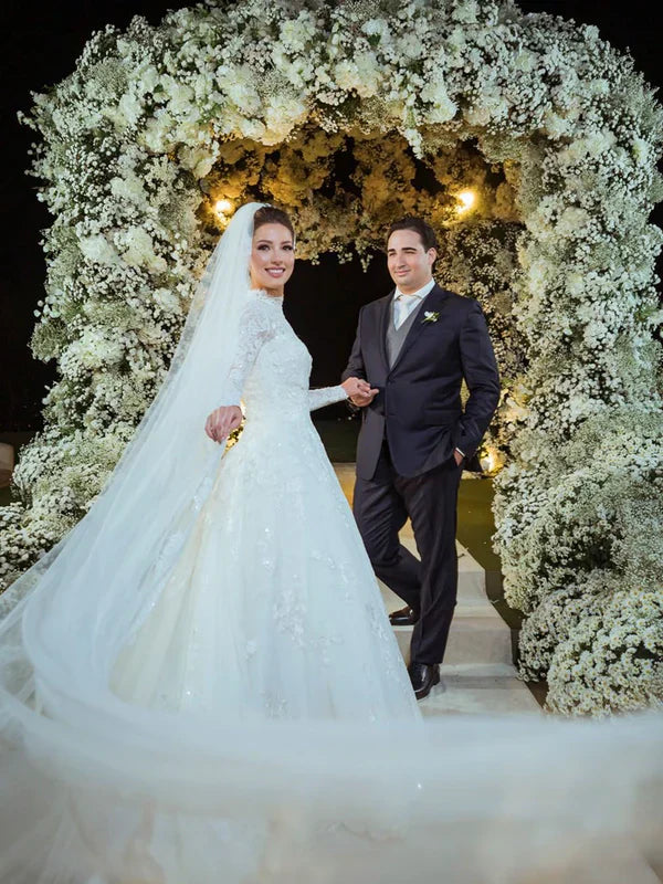 High Neck Boho Lace Long Sleeves Bridal Dress Ball Gown Wedding Dress Elegant Wholesale