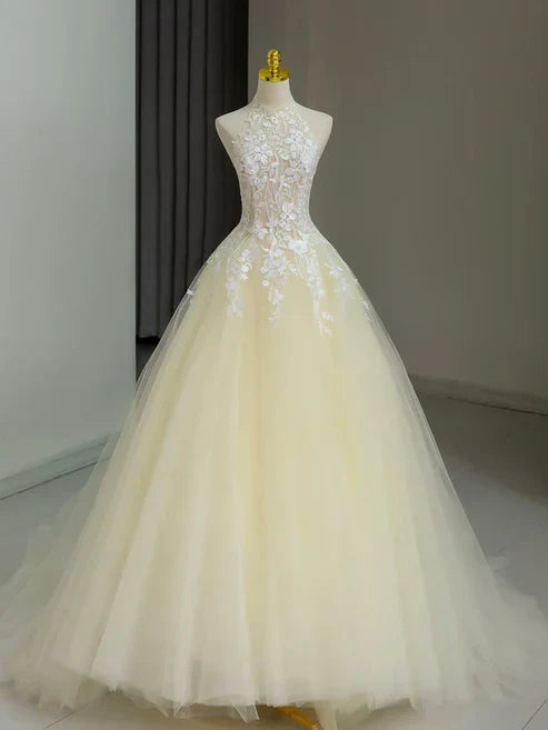 Wholesale A Line Halter Lace Tulle Long Sweep Train Prom Dress Evening Dress Charming