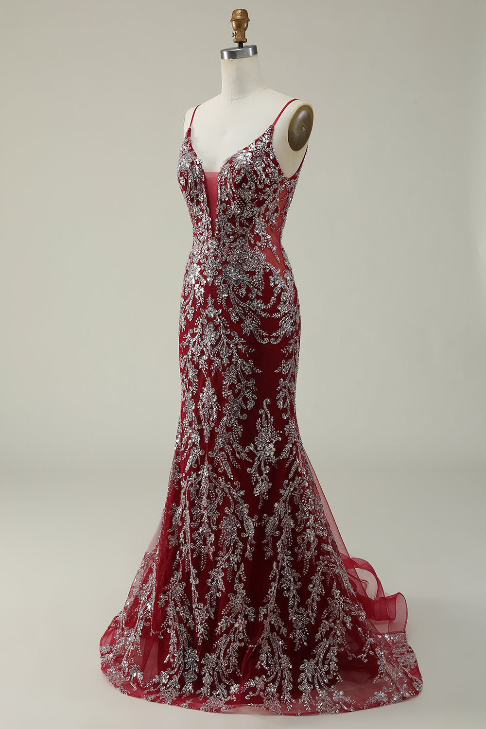 Mermaid Spaghetti Straps Burgundy Long Prom Dress with Bronzing Open Back Sparkly