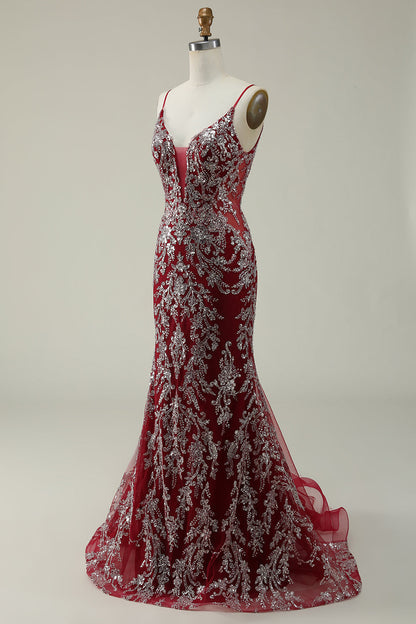 Mermaid Spaghetti Straps Burgundy Long Prom Dress with Bronzing Open Back Sparkly