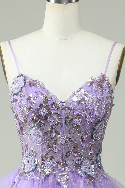 A Line Spaghetti Straps Purple Long Prom Dress with Appliques Beautiful