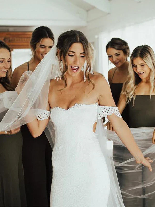 Attractive Off-the-shoulder Wedding Gowns Lace Sheath Bridal Dresses With Slit Sexy
