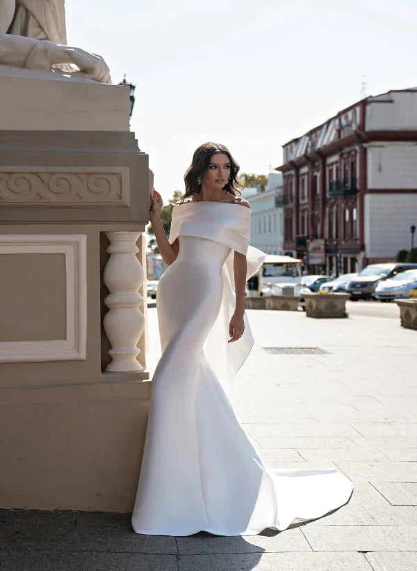 Off-The-Shoulder Sleeveless Satin Sweep Train Wedding Dress With Bow(s) Floor Length Simple