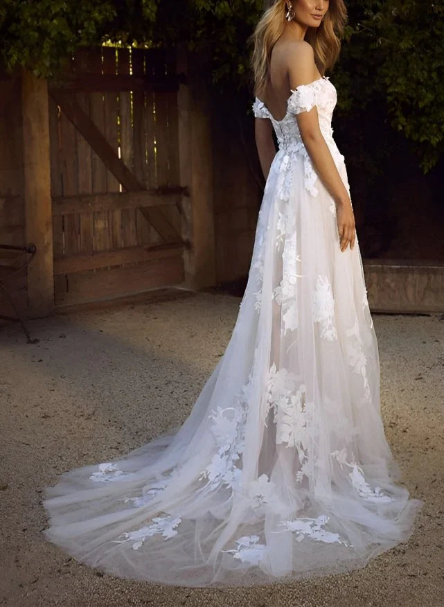 Off-The-Shoulder Tulle Lace Wedding Dress With Appliques Lace Floor Length Elegant