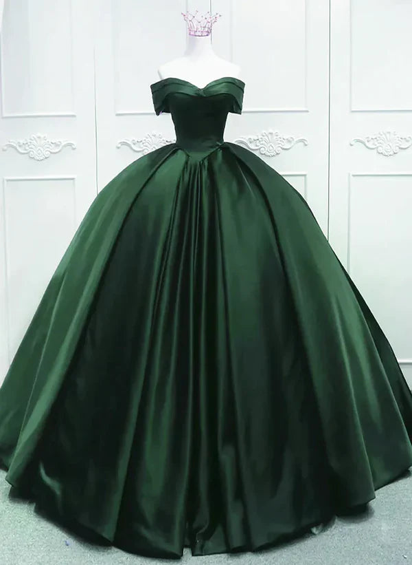 Off the Shoulder Ball Gown Dark Green Satin Quinceanera Dresses Princess Dress Prom Dress