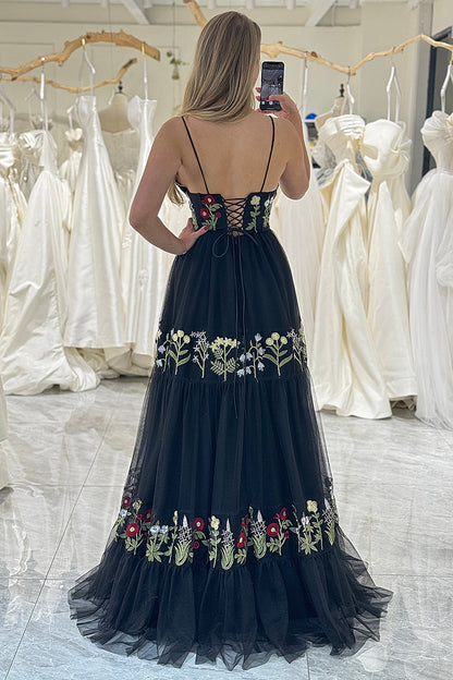 Black A Line Spaghetti Straps Long Prom Dress With Appliques Beautiful Flowers