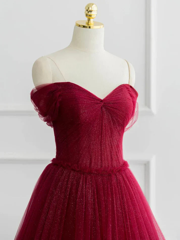 Burgundy A-line Off Shoulder Tulle Shiny Long Prom Dress Charming Evening Dress Wholesale