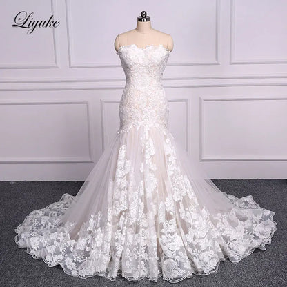 Liyuke Shining Symmetrical Lace Sweetheart Mermaid Wedding Dress
