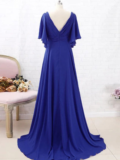 A-Line/Princess Chiffon Beading V-neck Short Sleeves Sweep/Brush Train Mother of the Bride Dresses Elegant