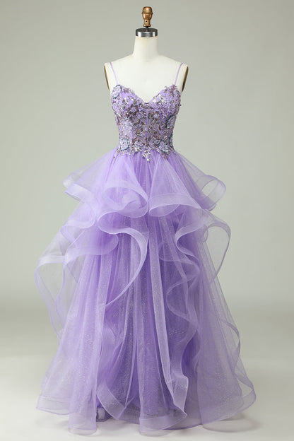A Line Spaghetti Straps Purple Long Prom Dress with Appliques Beautiful