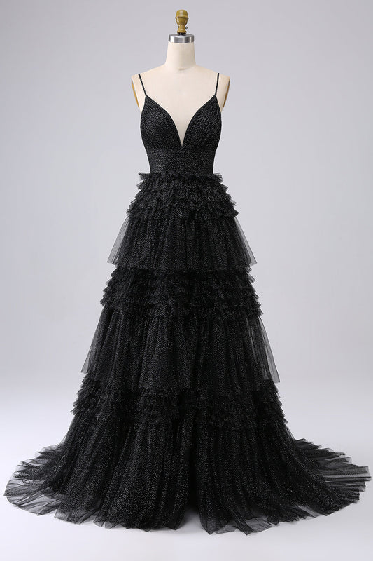 A Line Tulle Spaghetti Straps Sweetheart Prom Dress Floor Length With Slit