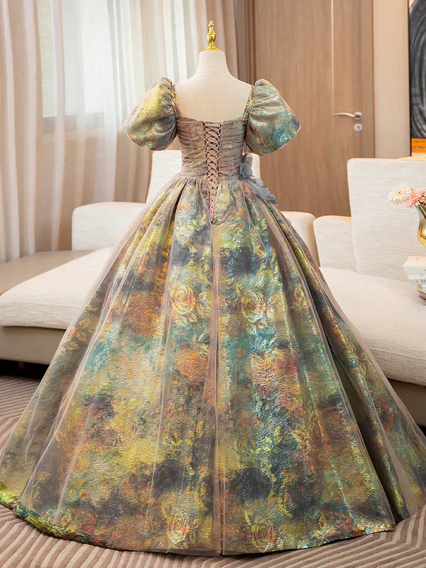 A-Line Puff Sleeves Gold Long Prom Dress Quinceanera Dress With Flower Elegant