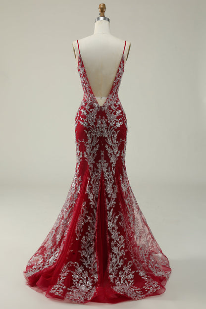 Mermaid Spaghetti Straps Burgundy Long Prom Dress with Bronzing Open Back Sparkly