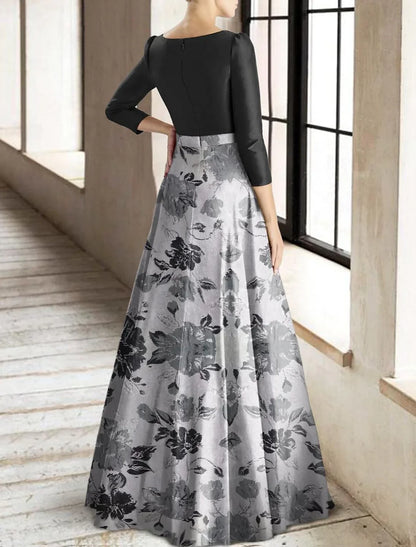 A-Line Mother of the Bride Dress Formal Wedding Guest Elegant Square Neck Floor Length Taffeta Stretch Fabric 3/4 Length Sleeve with Flower
