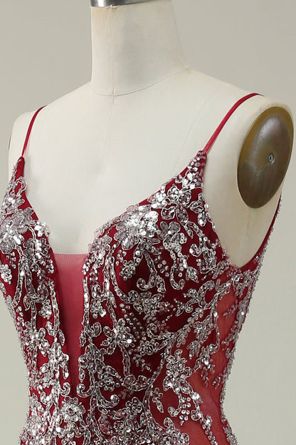 Mermaid Spaghetti Straps Burgundy Long Prom Dress with Bronzing Open Back Sparkly