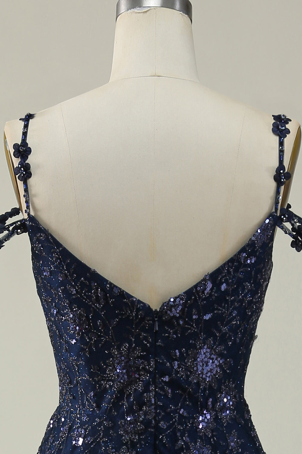 Navy A Line Cold Shoulder Long Prom Dress V-neck Sexy Sparkly