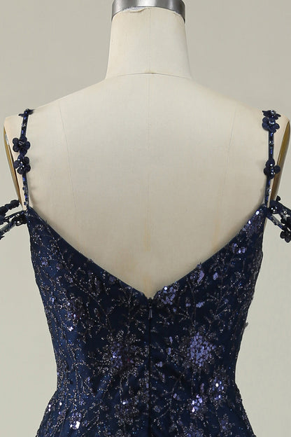 Navy A Line Cold Shoulder Long Prom Dress V-neck Sexy Sparkly