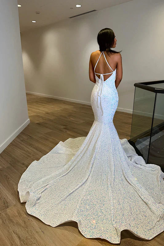 Fantasy White Sleeveless V Neck Halter Evening Dress With Sequins Sparkly Sexy Prom Dress