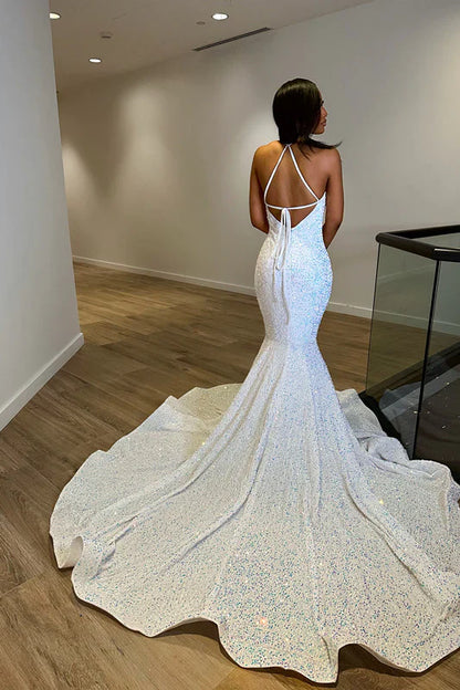 Fantasy White Sleeveless V Neck Halter Evening Dress With Sequins Sparkly Sexy Prom Dress