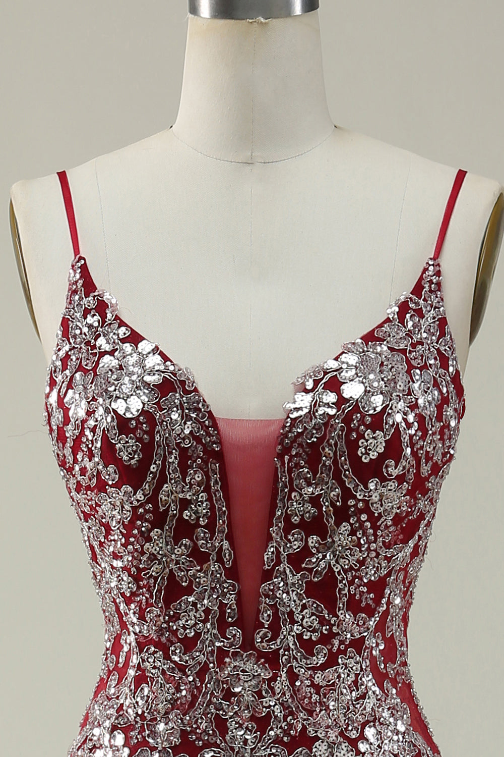 Mermaid Spaghetti Straps Burgundy Long Prom Dress with Bronzing Open Back Sparkly