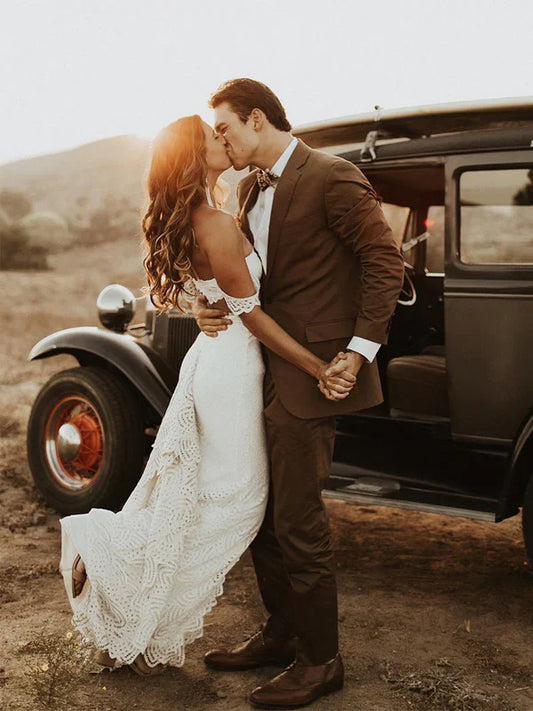 Attractive Off-the-shoulder Wedding Gowns Lace Sheath Bridal Dresses With Slit Sexy