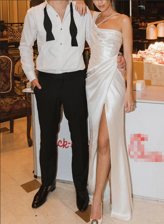 One-Shoulder Sheath Column Slit Silk Like Satin Wedding Dresses Simple Solid Color